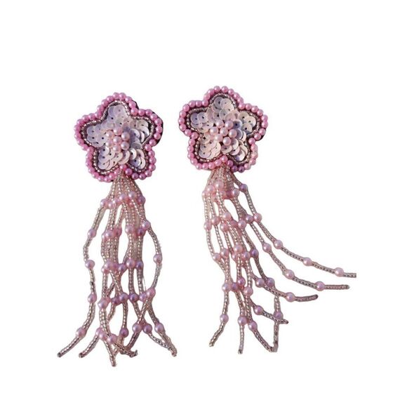 Baby Pink Vintage Flower Runway Crystal Applique Beaded Fringe Clip-On Earrings - Picture 2 of 4